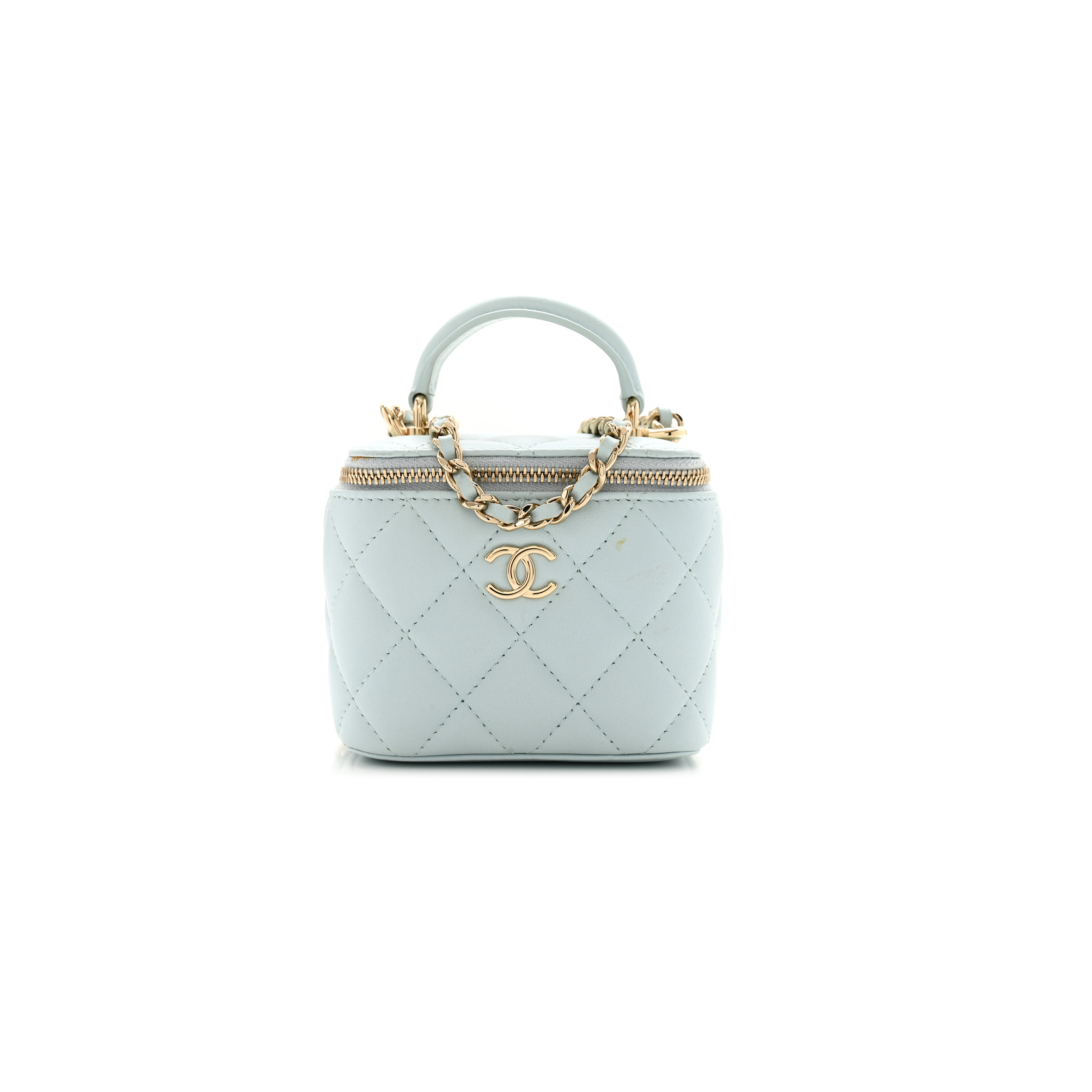CHANEL LAMBSKIN QUILTED TOP HANDLE MINI VANITY CASE WITH CHAIN LIGHT BLUE 1671368 (10*9*7cm)